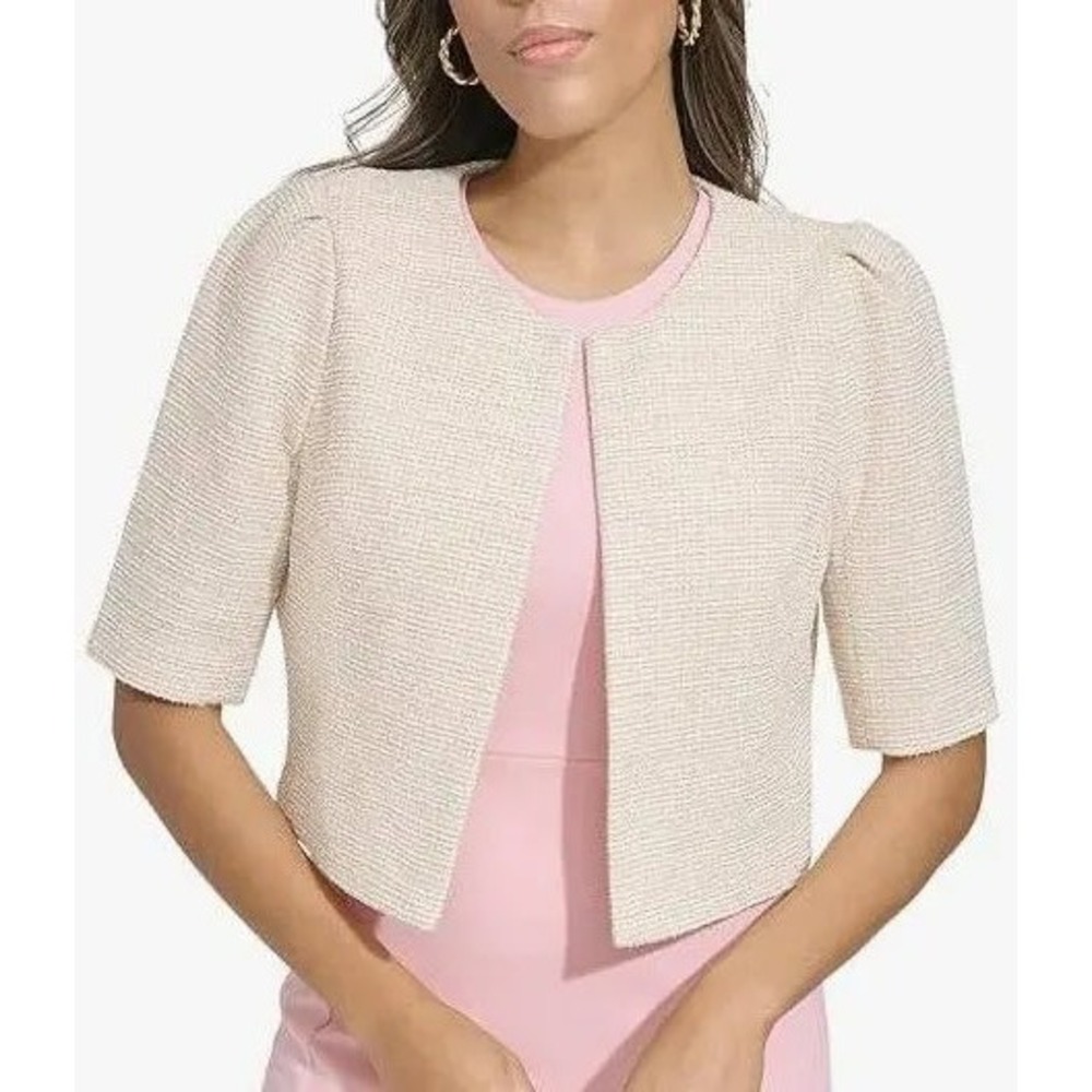 Calvin Klein Cream Tweed Open Front Cropped Puff Sleeve Shrug Medium NWT